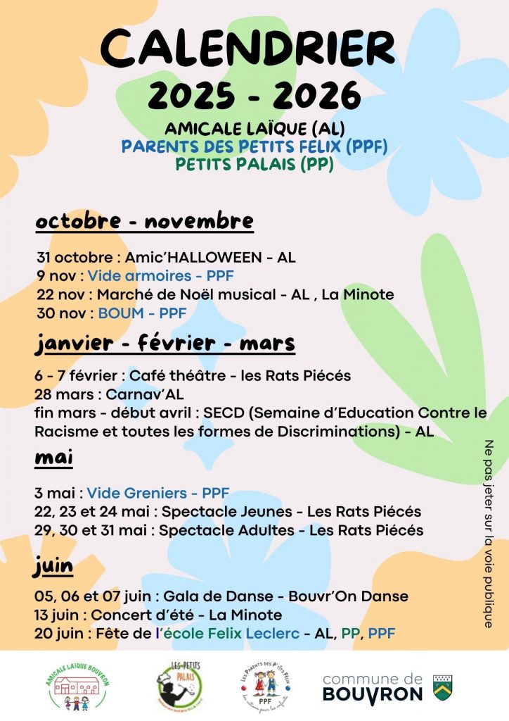 Calendrier 2025 2026 de l'amicale Laïque de Bouvron